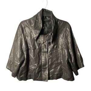 Sandro Black Metallic Shimmering Crop Jacket Linen Blend Women Large Funnel Neck